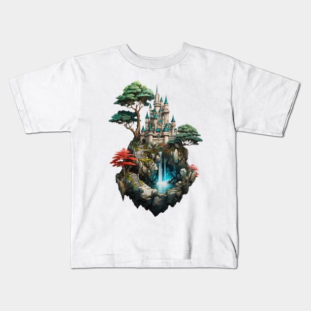 Fantasy Magical Castle at the top of a rocky crystal hill Kids T-Shirt by Neon City Bazaar